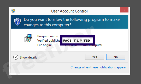 Screenshot where FACE IT LIMITED appears as the verified publisher in the UAC dialog